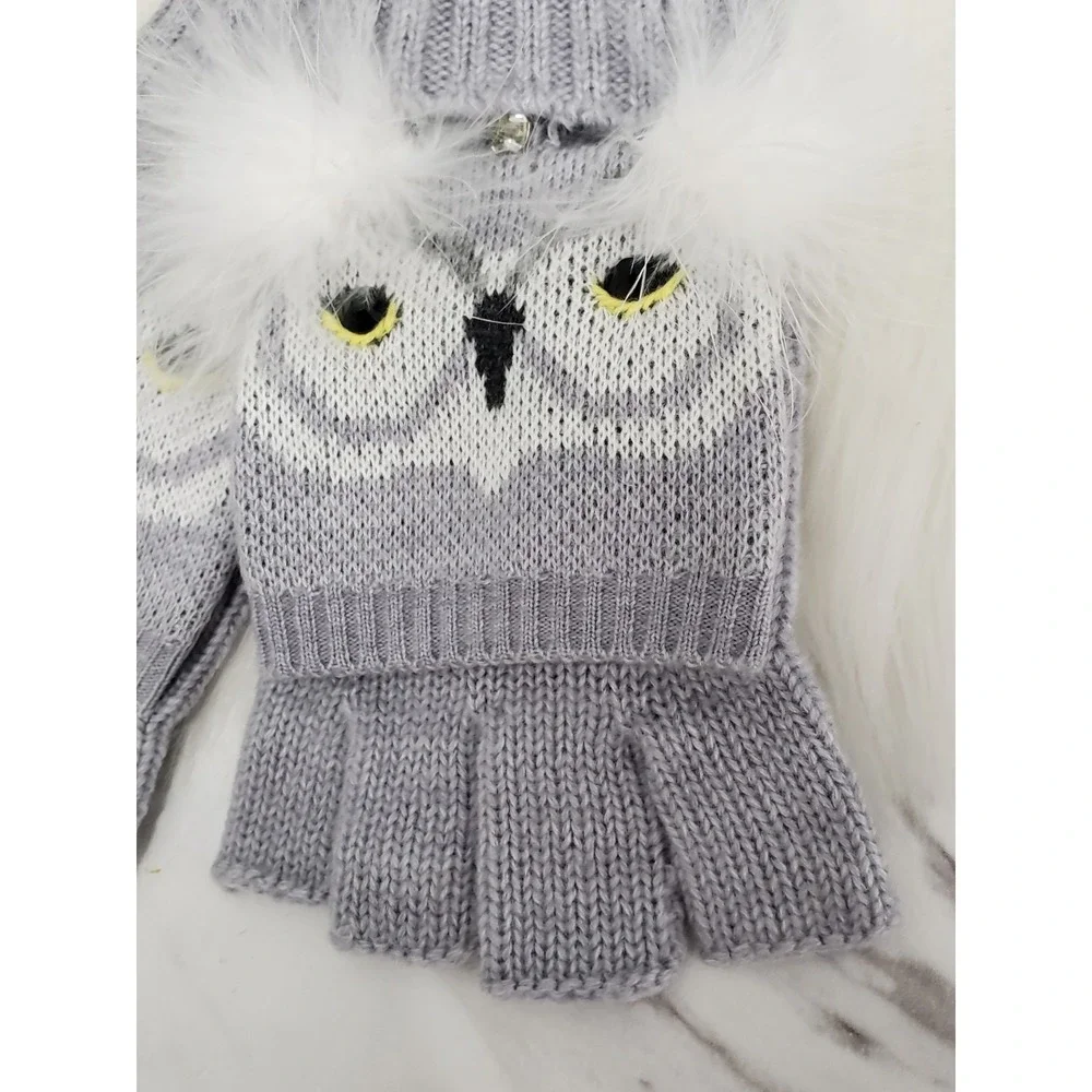 KATE SPADE NEW YORK WHIMSICAL OWL MITTENS‎ GRAY FAUX FUR GLAM ANIMAL